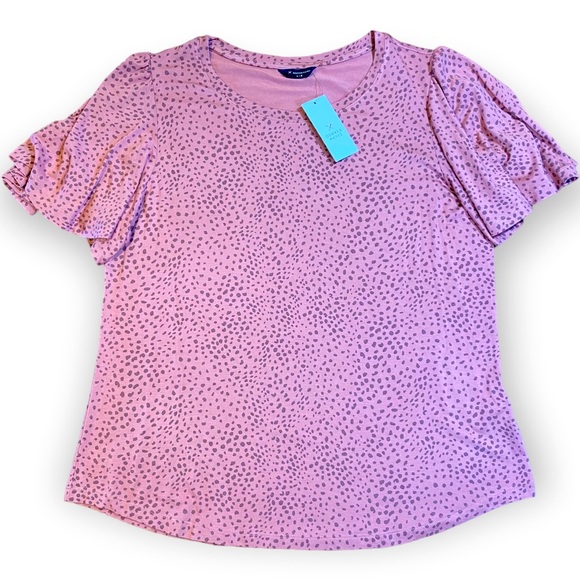 2for$30 NWT Denver Hayes Pink Polka Dot Ruffle Sleeve T-shirt Size Large - Picture 1 of 11